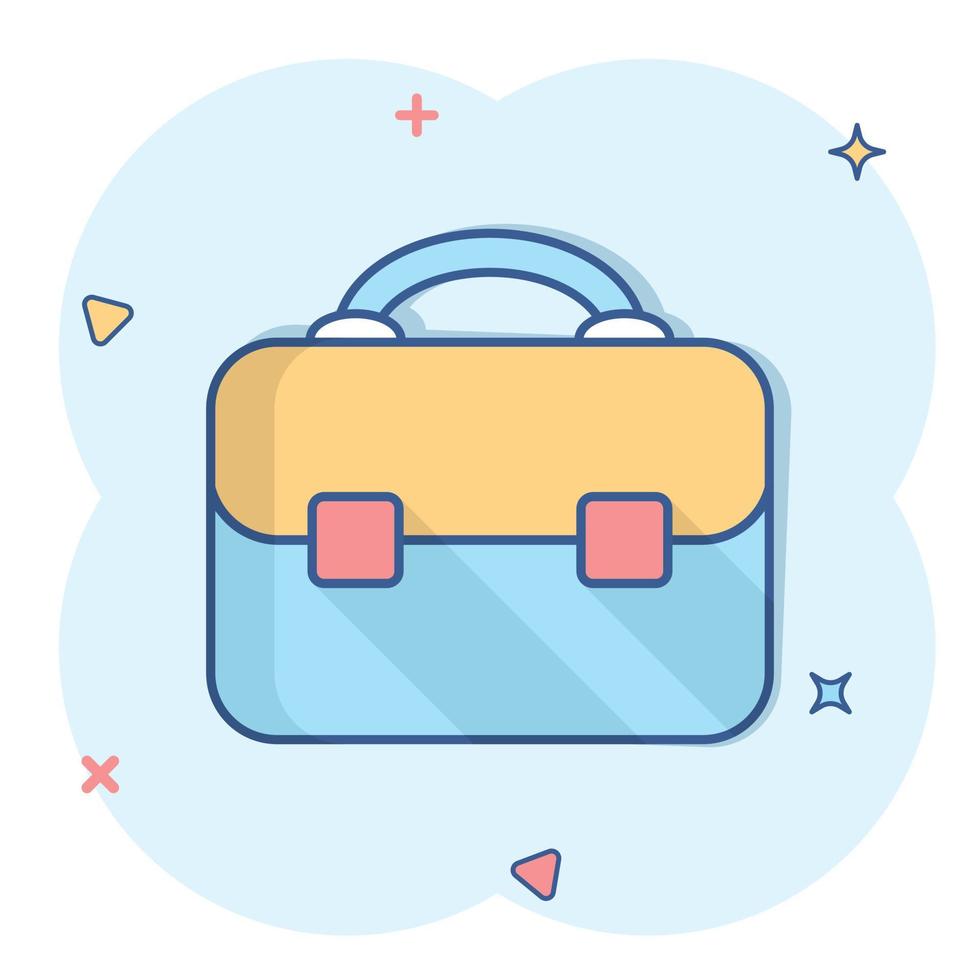 Briefcase sign icon in comic style. Suitcase vector cartoon illustration on white isolated background. Baggage business concept splash effect.