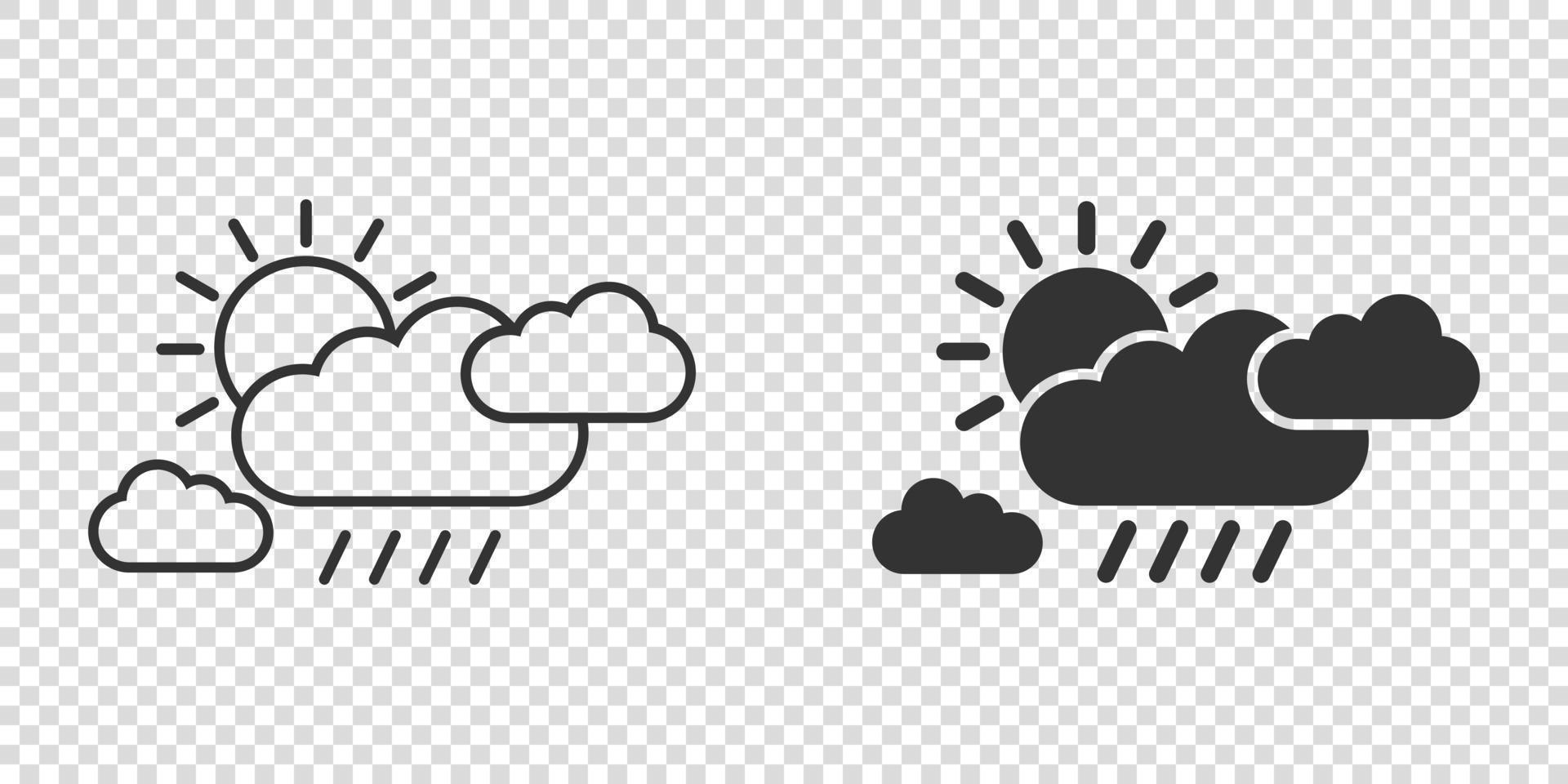 icono del tiempo en estilo plano. sol, nubes y lluvia ilustración vectorial sobre fondo blanco aislado. concepto de negocio de signo de meteorología. vector