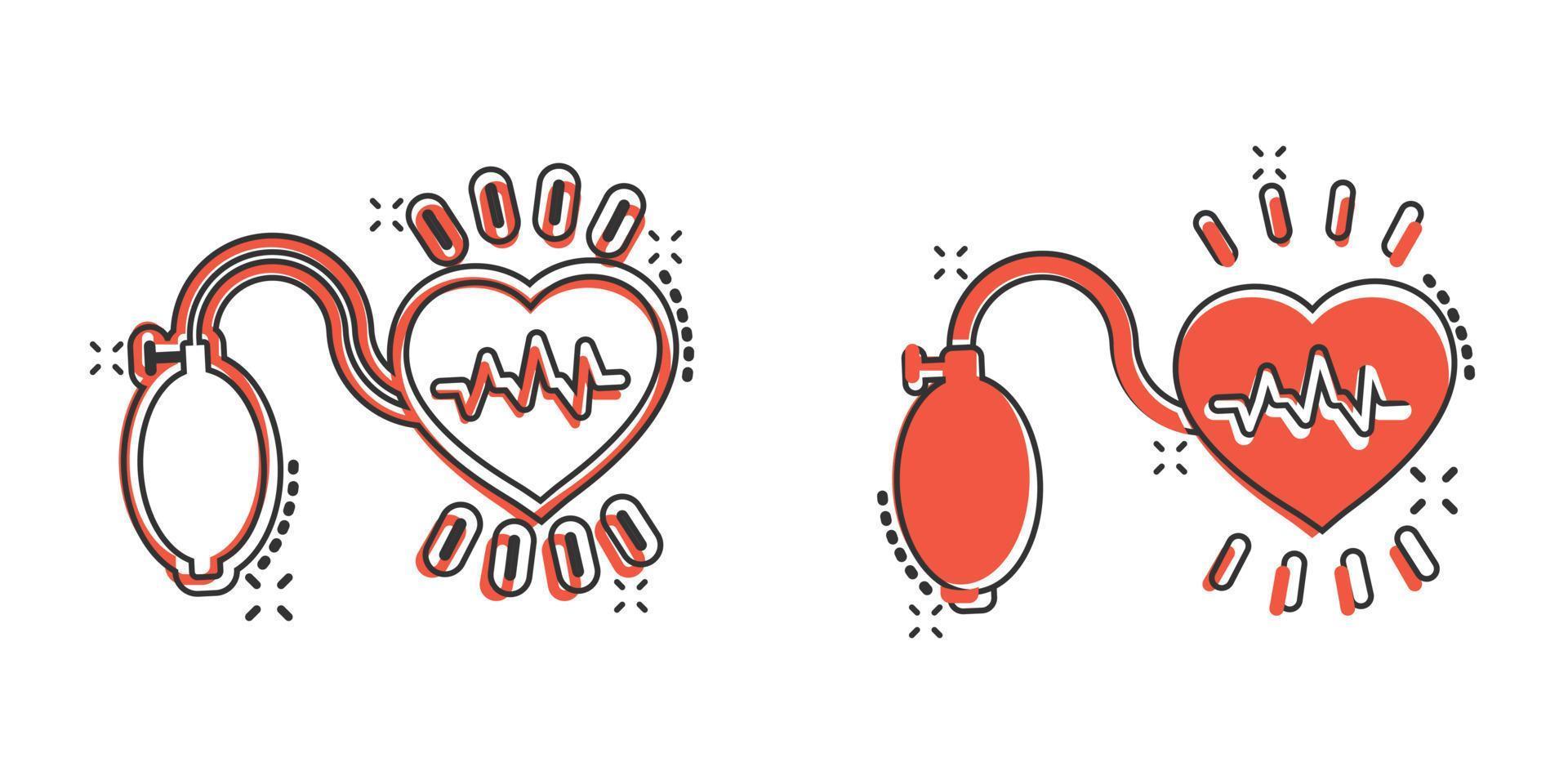 ícono de presión arterial en estilo cómico. monitor de latido del corazón ilustración vectorial de dibujos animados sobre fondo aislado. concepto de negocio de signo de efecto de salpicadura de diagnóstico de pulso. vector