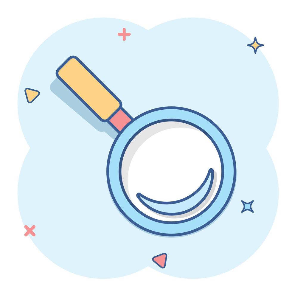 Loupe sign icon in comic style. Magnifier vector cartoon illustration on white isolated background. Search business concept splash effect.