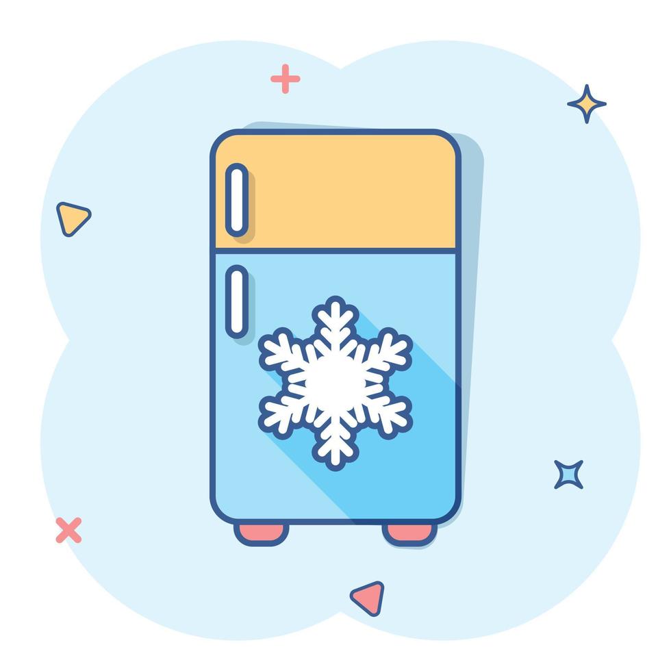 Fridge refrigerator icon in comic style. Freezer container vector cartoon illustration pictogram. Fridge business concept splash effect.