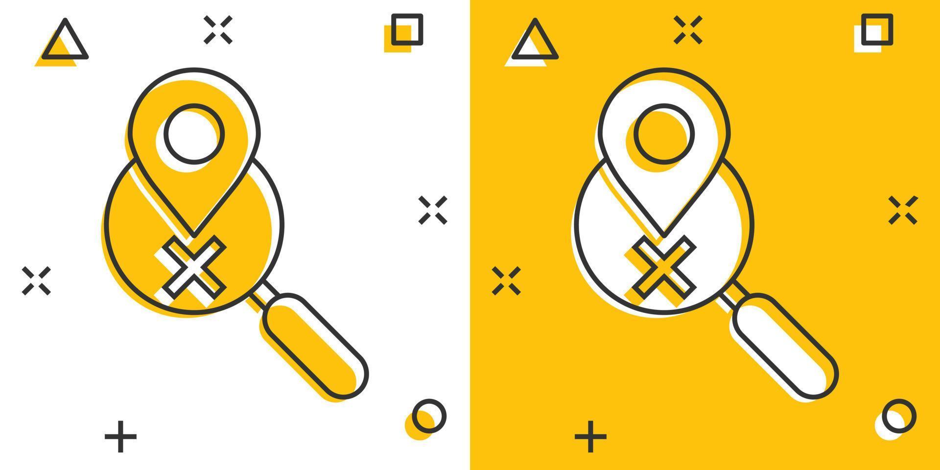 Map pin with magnifier icon in comic style. Gps navigation cartoon vector illustration on white isolated background. Locate position splash effect business concept.