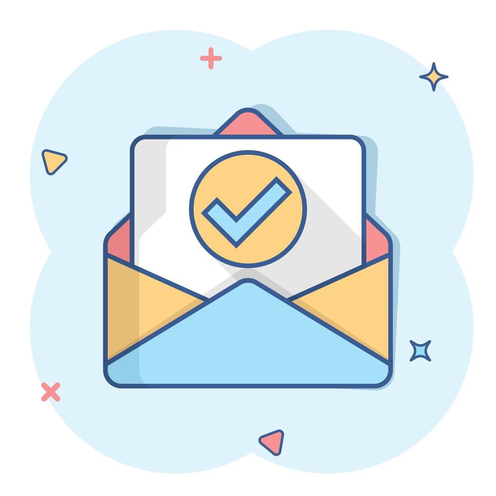 Envelope with confirmed document icon in comic style. Verify cartoon vector illustration on white isolated background. Receive splash effect business concept.