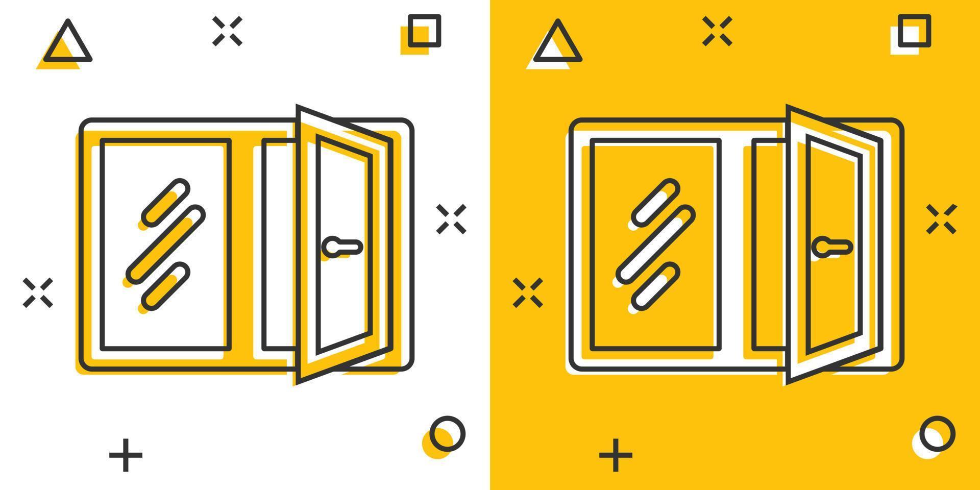 icono de ventana en estilo cómico. ilustración vectorial de dibujos animados abatibles sobre fondo aislado. concepto de negocio de signo de efecto de salpicadura interior de casa. vector