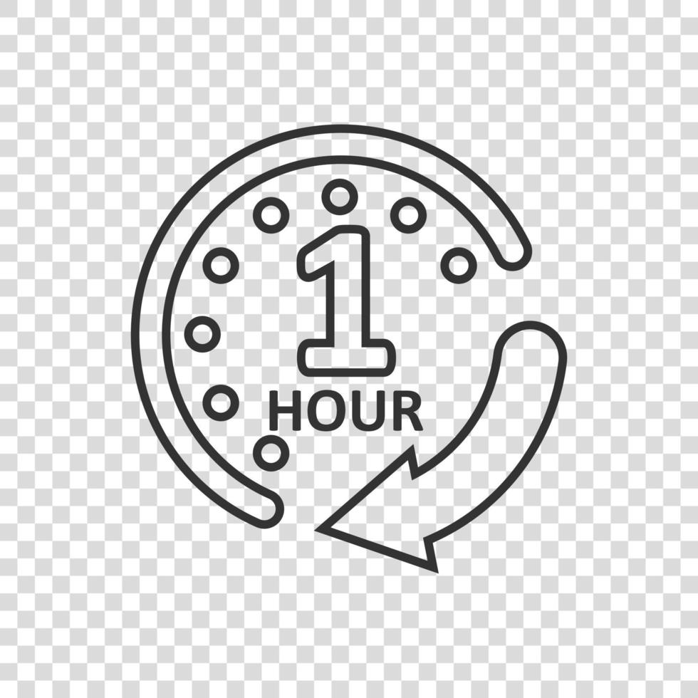 1 hour clock icon in flat style. Timer countdown vector illustration on isolated background. Time measure sign business concept.