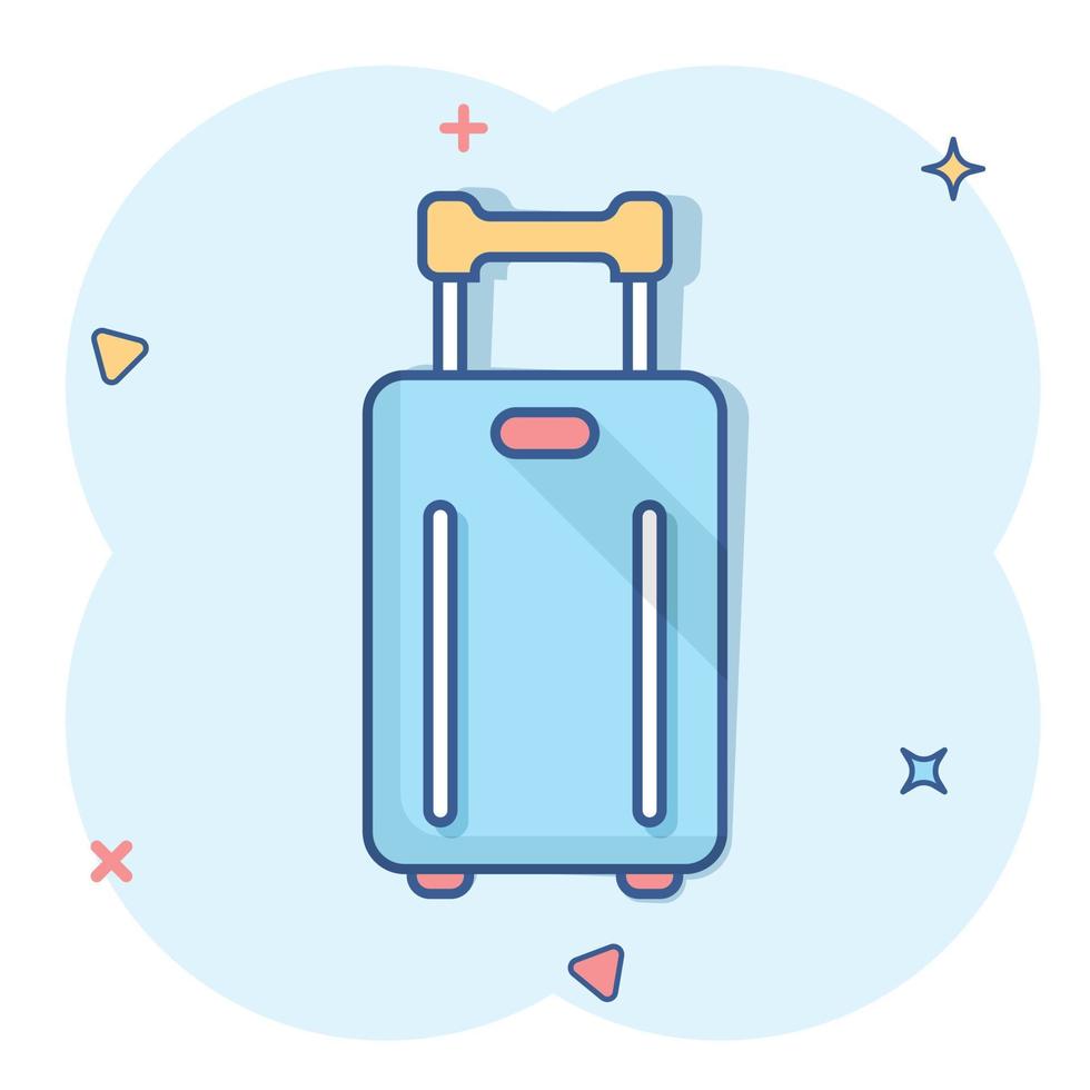 icono de bolsa de viaje en estilo cómico. Ilustración de vector de dibujos animados de equipaje sobre fondo blanco aislado. concepto de negocio de efecto de salpicadura de equipaje.