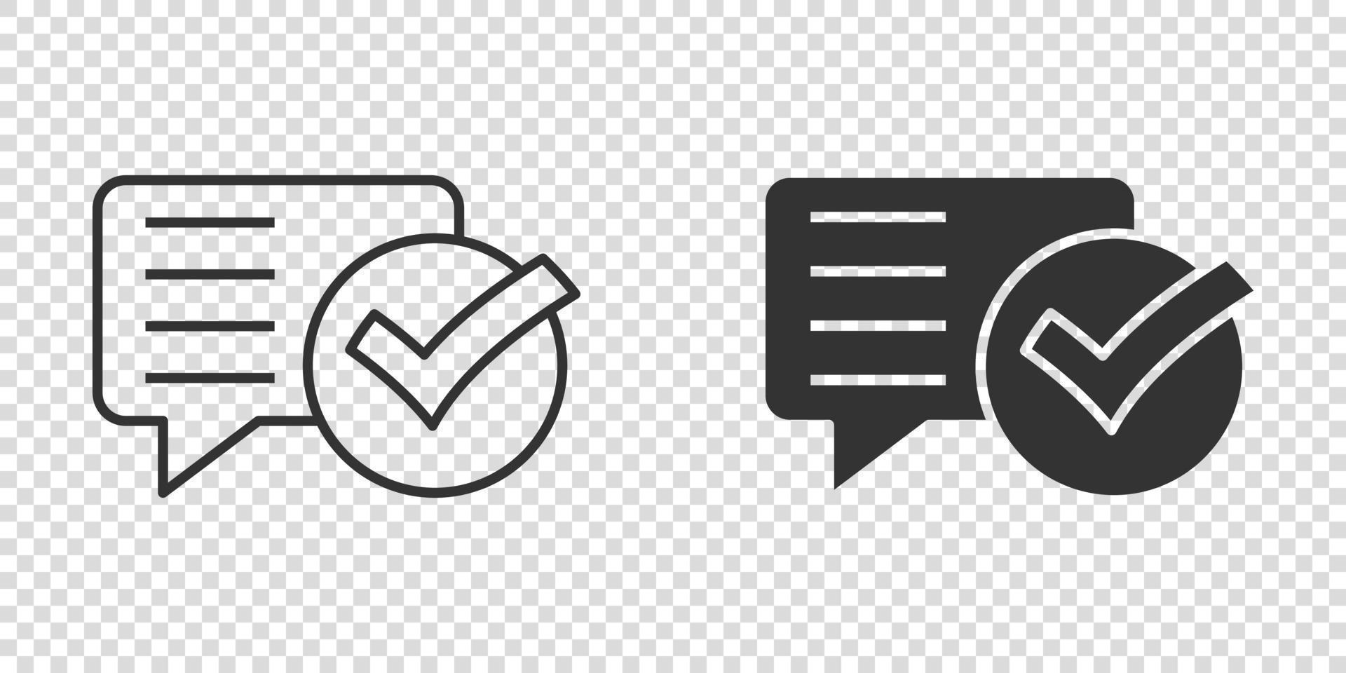 Speak chat sign icon in flat style. Speech bubble with check mark vector illustration on white isolated background. Team discussion button business concept.