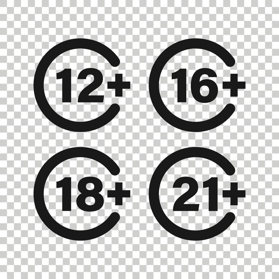 12, 16, 18, 21 plus icon in flat style. Censorship vector illustration on white isolated background. Censored business concept.