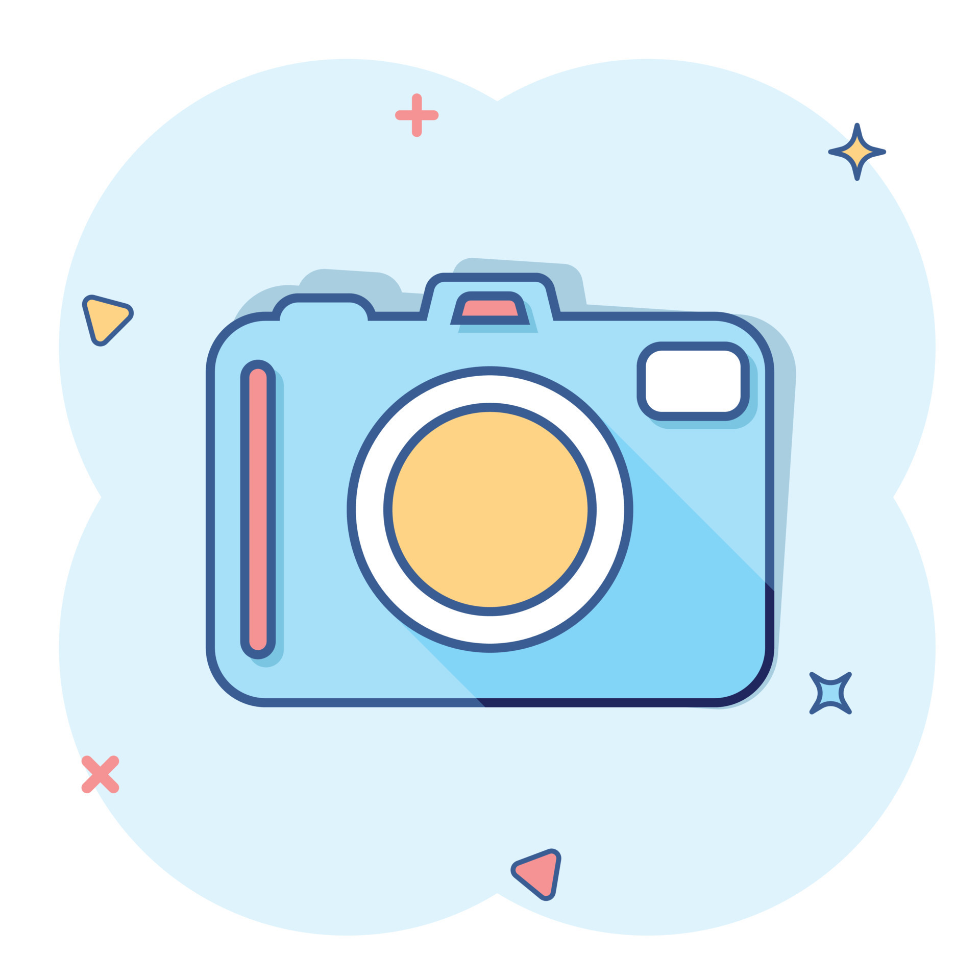Vector cartoon photo camera icon in comic style. Photographer cam sign