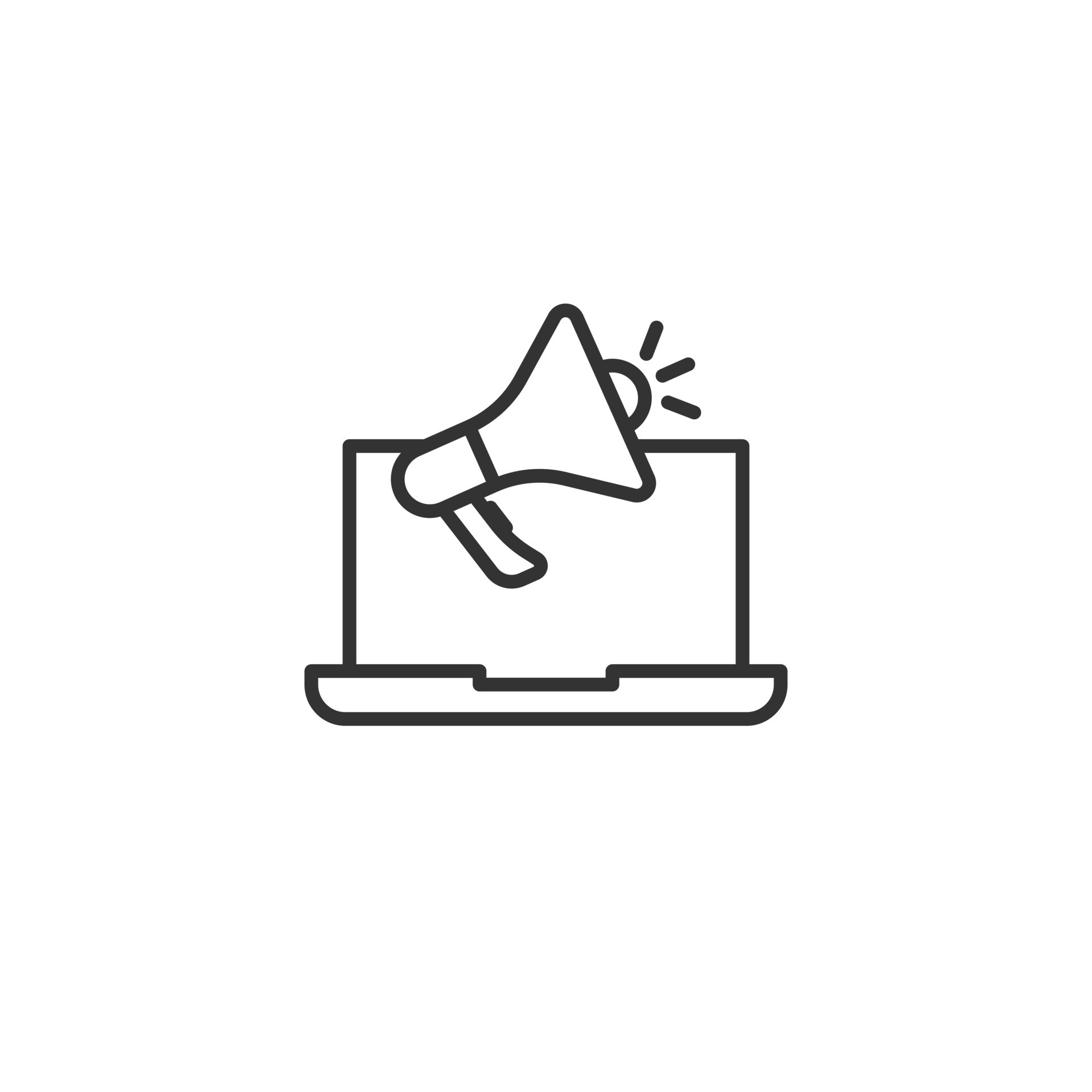 Laptop with megaphone speaker icon in flat style. Notebook bullhorn