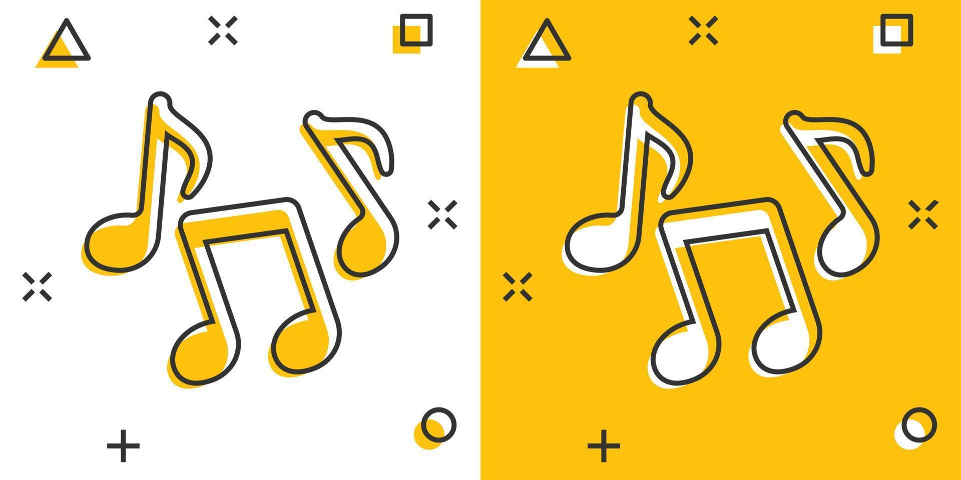 Music note icon in comic style. Song cartoon vector illustration on white isolated background. Musician splash effect sign business concept.