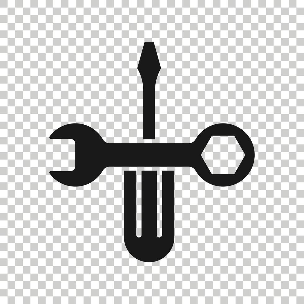 Wrench and screwdriver icon in flat style. Spanner key vector illustration on white isolated background. Repair equipment business concept.