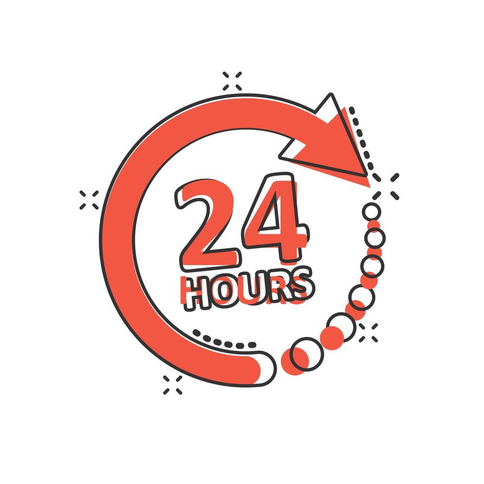 24 hours service icon in comic style. All day business and service cartoon vector illustration on isolated background. Quick service time splash effect sign business concept.