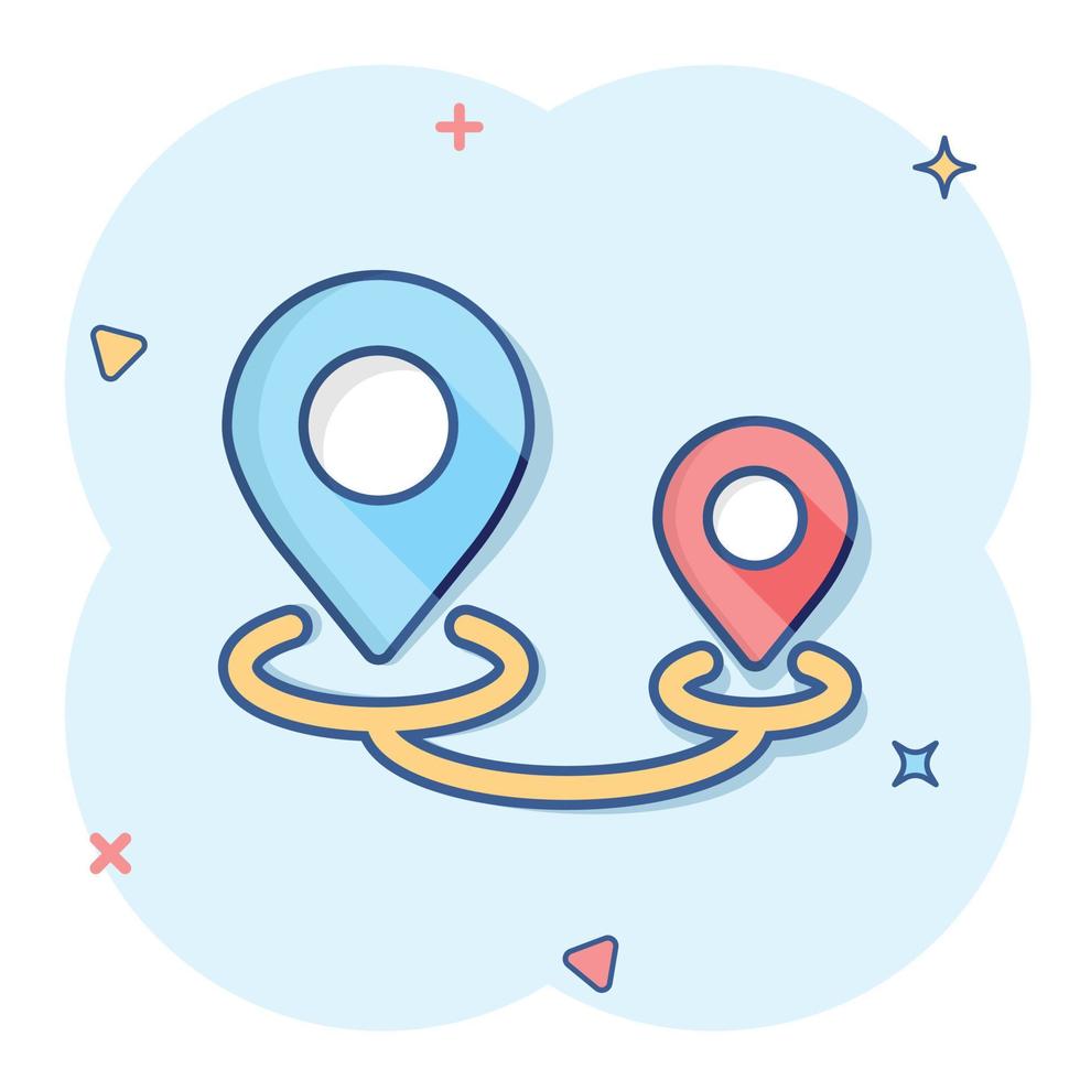 Map pin icon in comic style. GPS navigation cartoon vector illustration on white isolated background. Locate position splash effect business concept.