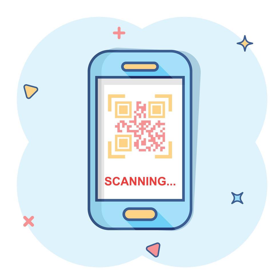 Qr code scan phone icon in comic style. Scanner in smartphone vector cartoon illustration on white isolated background. Barcode business concept splash effect.