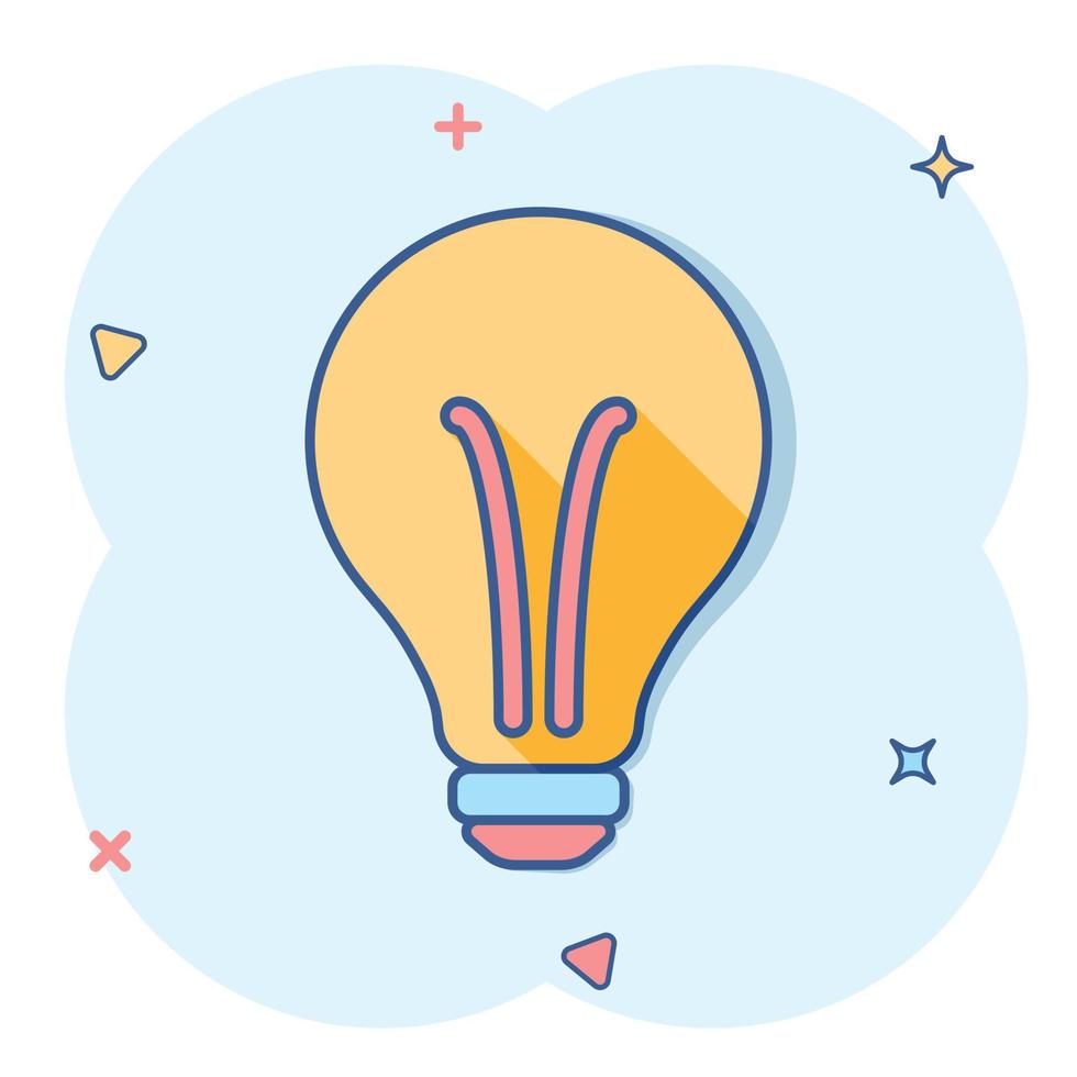 Vector cartoon halogen lightbulb icon in comic style. Light bulb sign illustration pictogram. Idea business splash effect concept.