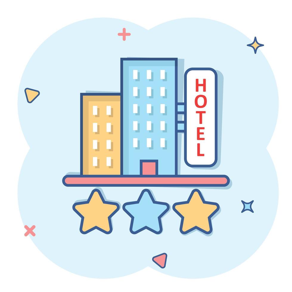 Hotel 3 stars sign icon in comic style. Inn building cartoon vector illustration on white isolated background. Hostel room splash effect business concept.