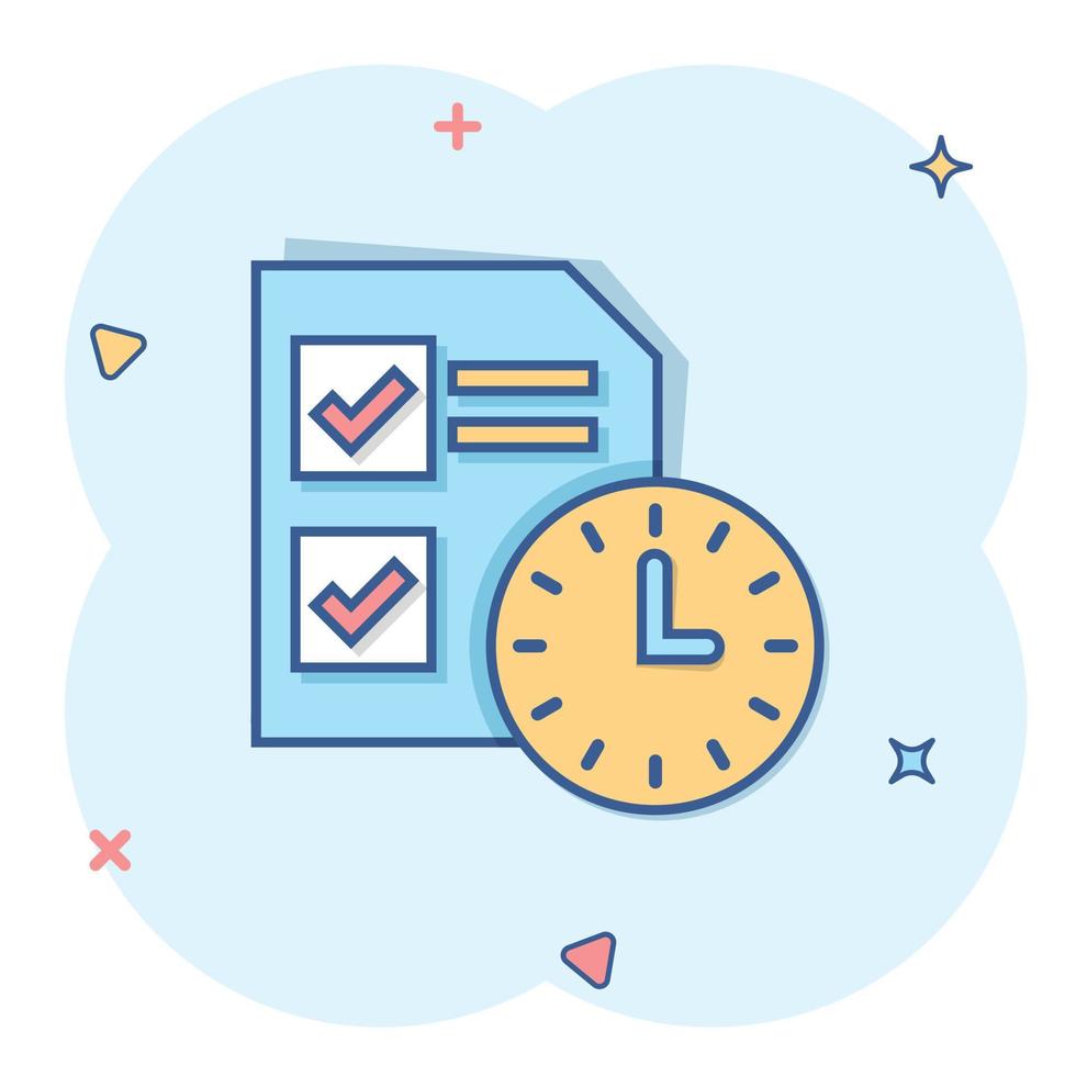 Contract time icon in comic style. Document with clock cartoon vector illustration on white background. Deadline splash effect business concept.