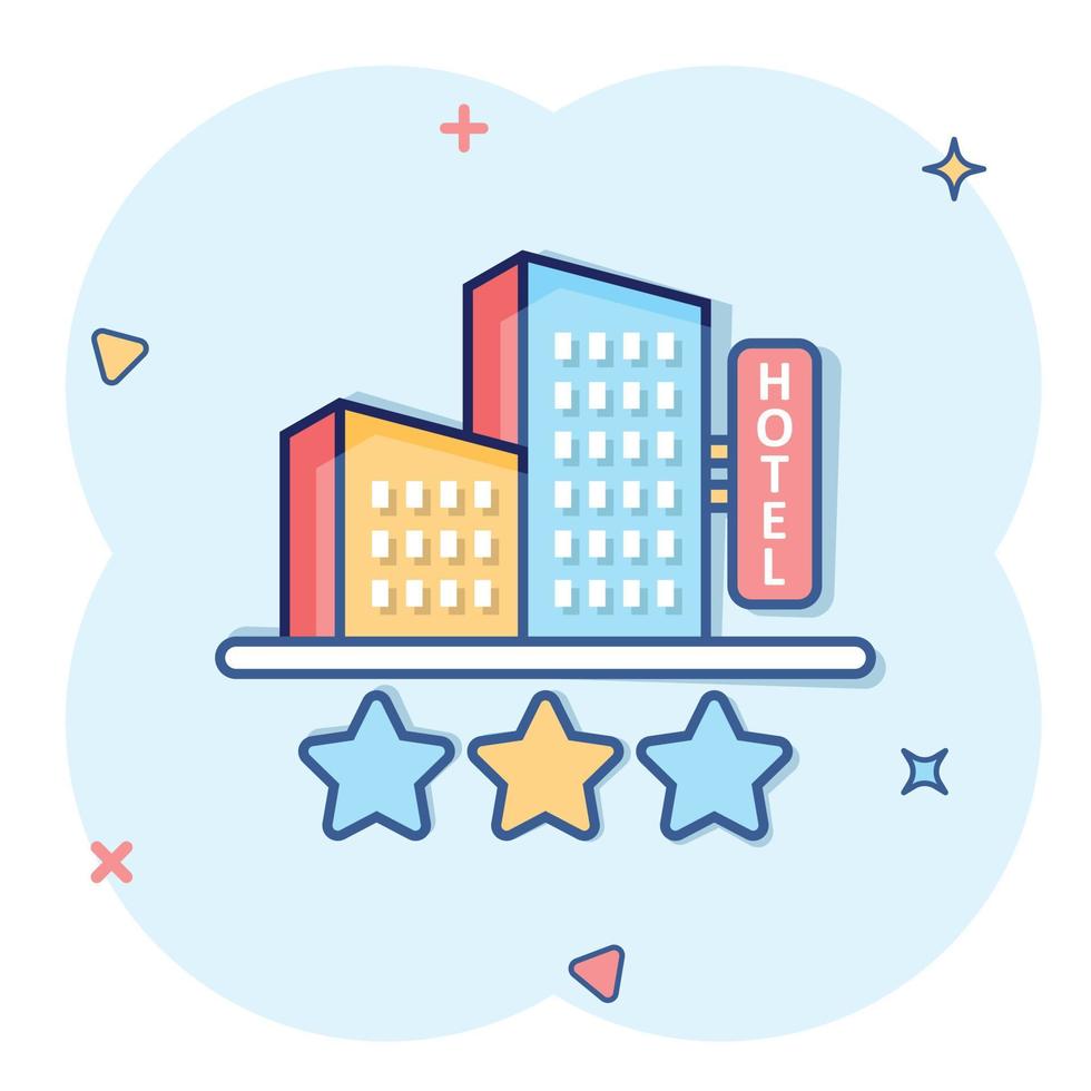 Hotel 3 stars sign icon in comic style. Inn building cartoon vector illustration on white isolated background. Hostel room splash effect business concept.