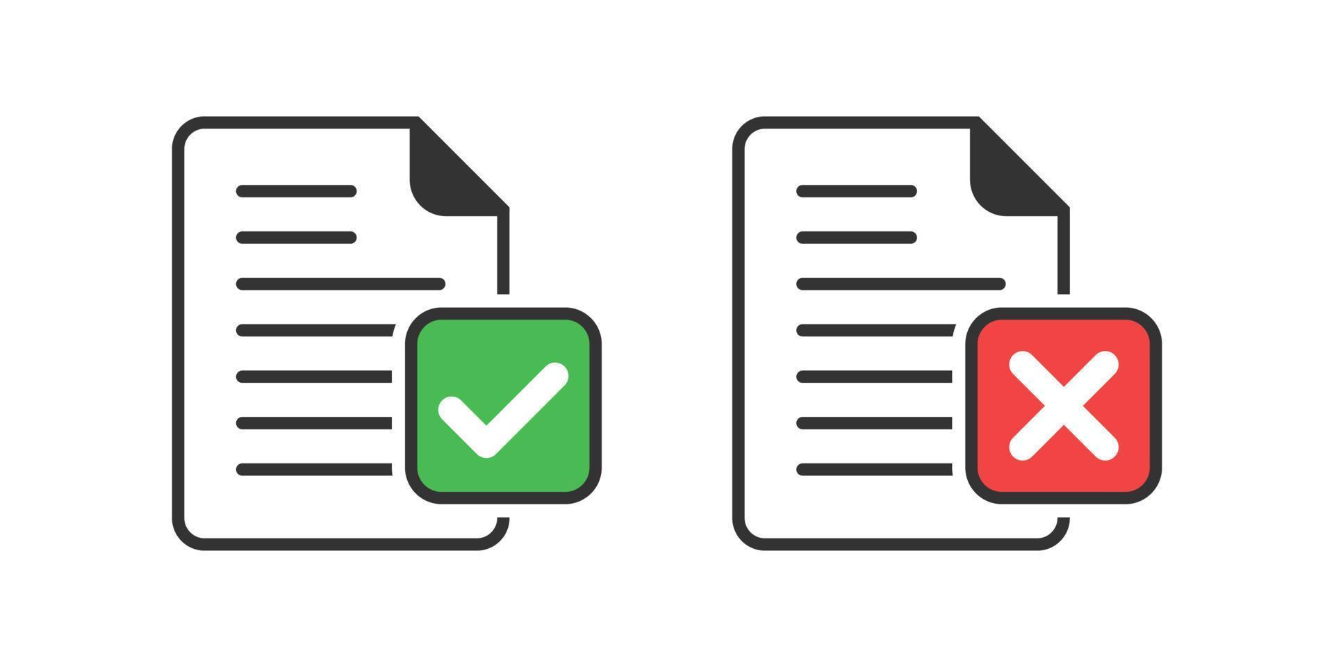 Accept document icon in flat style. Reject vector illustration on white isolated background. Check mark message business concept.