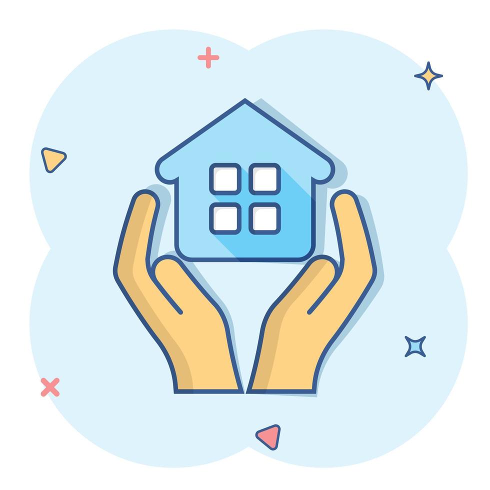 Home care icon in comic style. Hand hold house vector cartoon illustration on white isolated background. Building quality business concept splash effect.