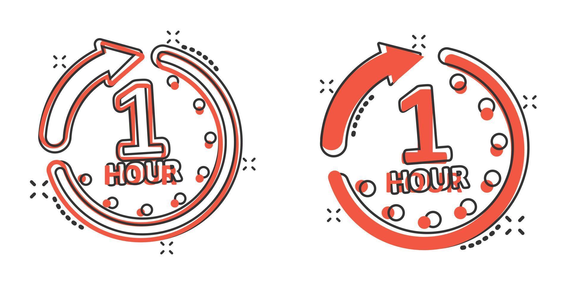 1 hour clock icon in comic style. Timer countdown cartoon vector illustration on isolated background. Time measure splash effect sign business concept.