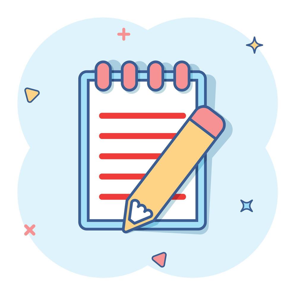 Vector cartoon document with pencil icon in comic style. Note with pen sign illustration pictogram. Notebook business splash effect concept.