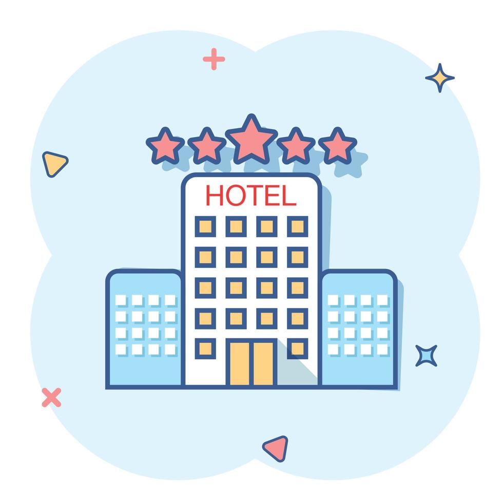 Vector cartoon hotel icon in comic style. Tower sign illustration pictogram. Hotel apartment business splash effect concept.