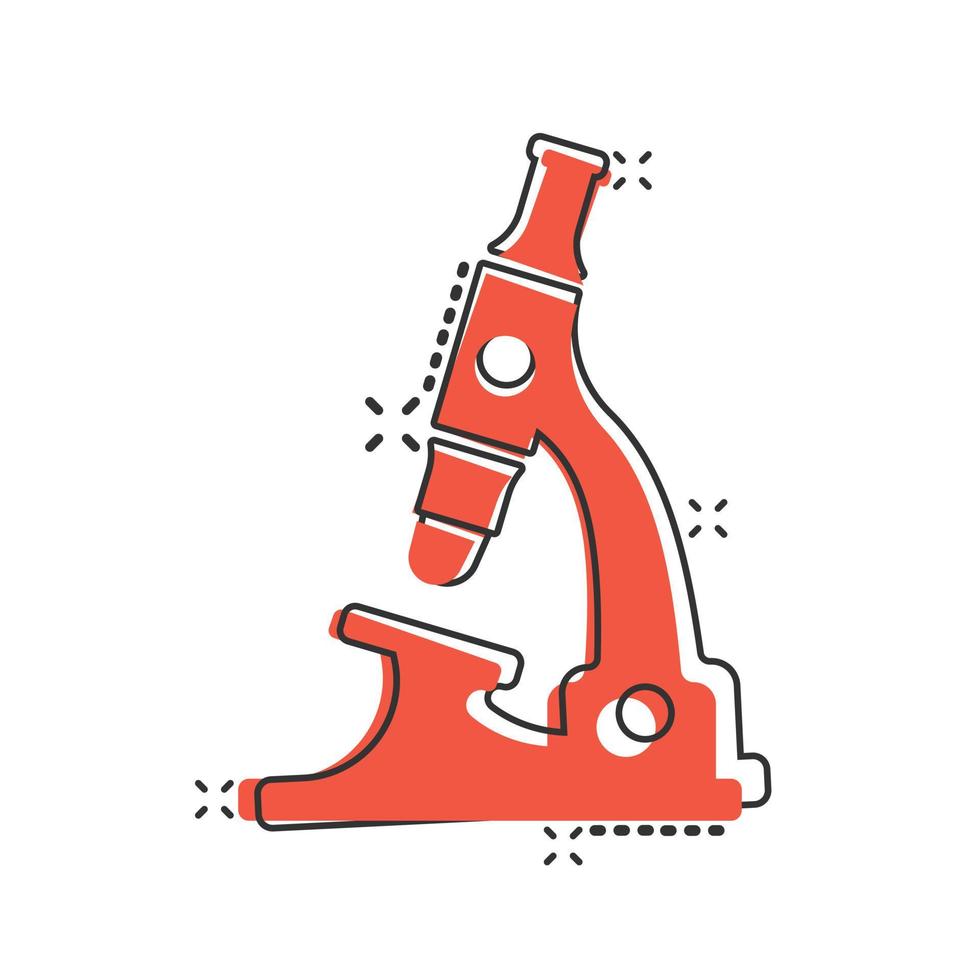 Microscope icon in comic style. Laboratory magnifier cartoon vector illustration on isolated background. Biology instrument splash effect sign business concept.