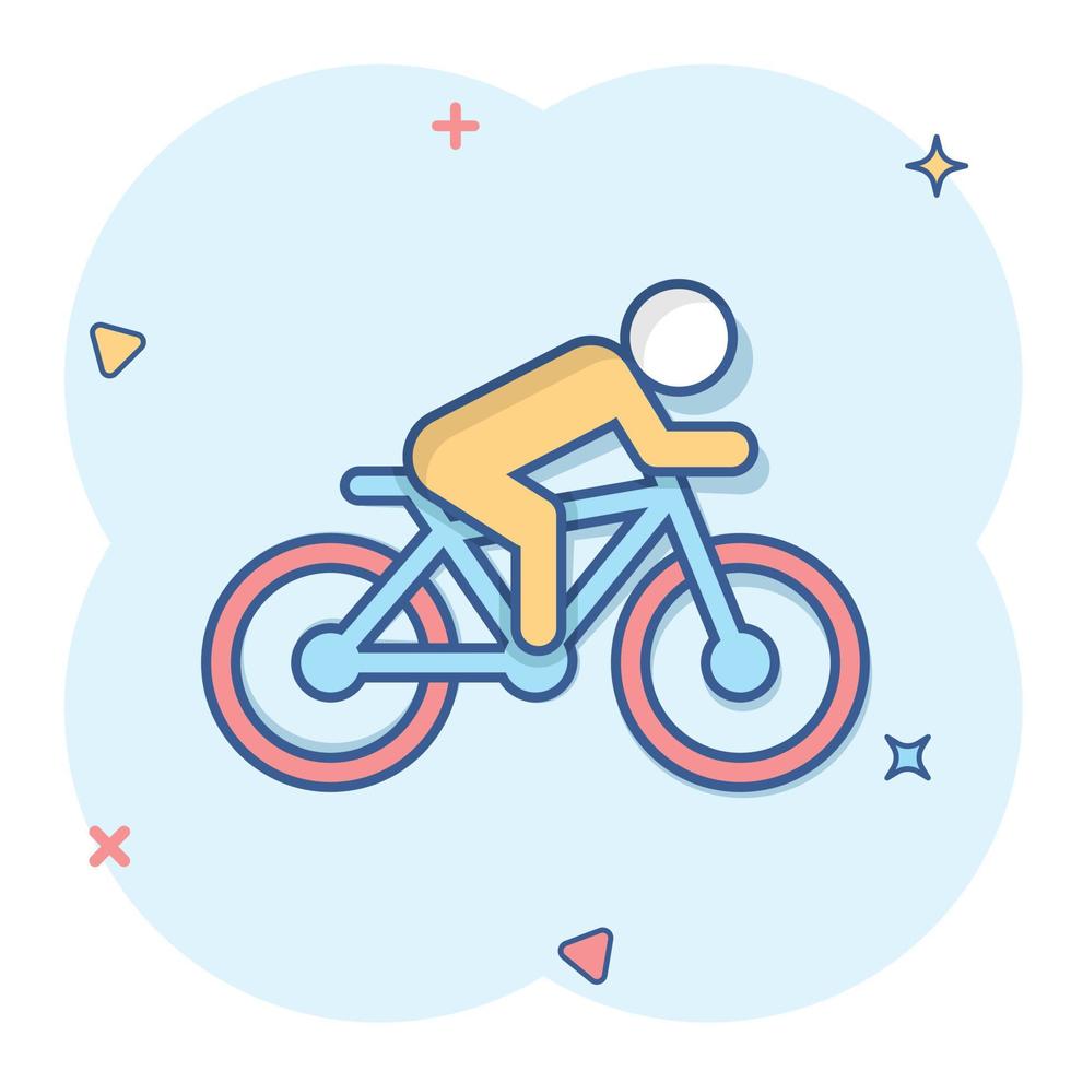 gente en icono de signo de bicicleta en estilo cómico. ilustración de dibujos animados de vector de bicicleta sobre fondo blanco aislado. efecto de salpicadura de concepto de negocio de ciclismo de hombres.