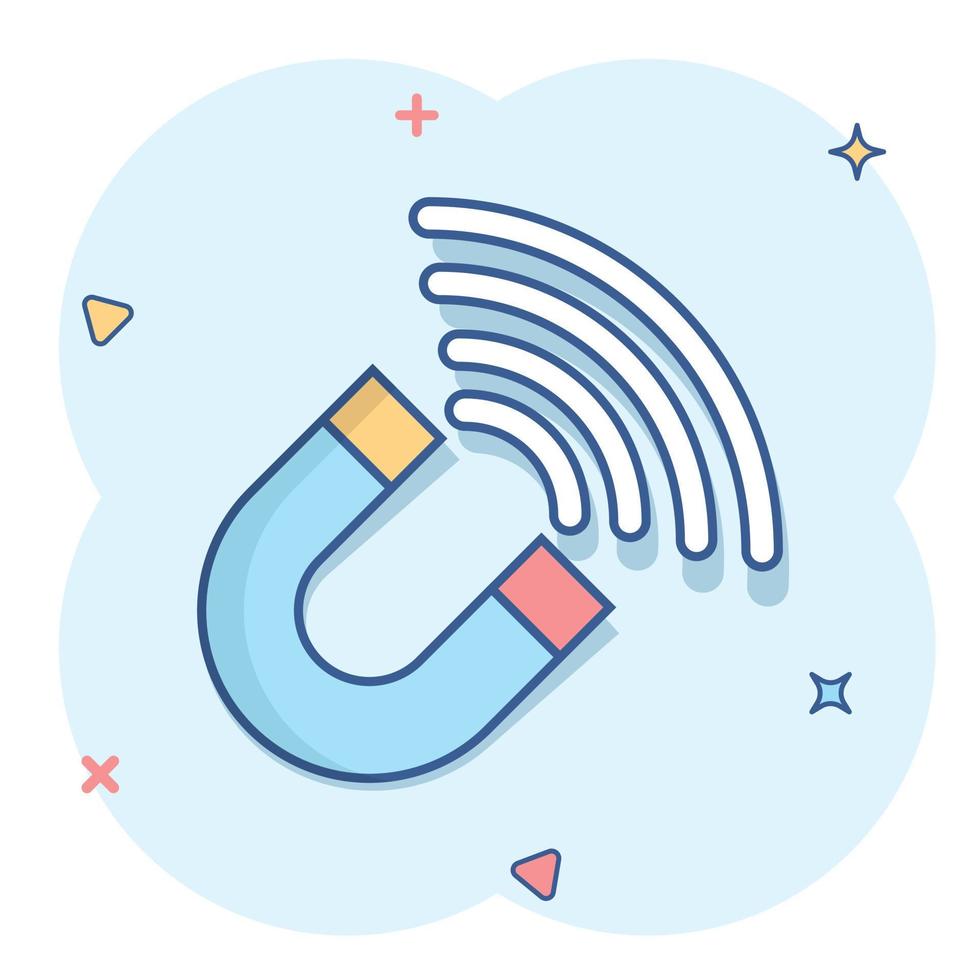 Magnet icon in comic style. Attract cartoon vector illustration on white isolated background. Electromagnetic splash effect business concept.
