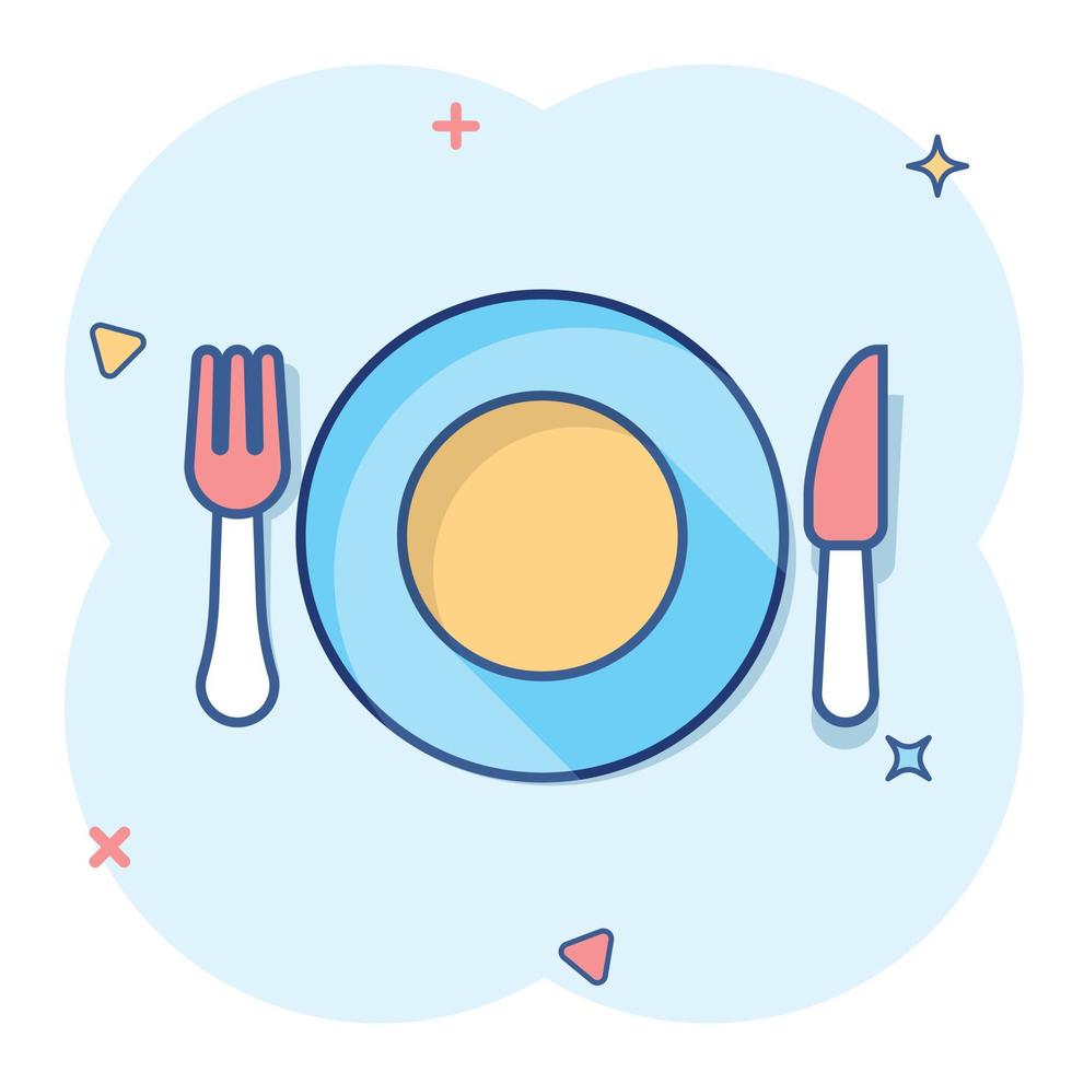 Fork and knife restaurant icon in comic style. Dinner equipment vector cartoon illustration pictogram. Restaurant business concept splash effect.