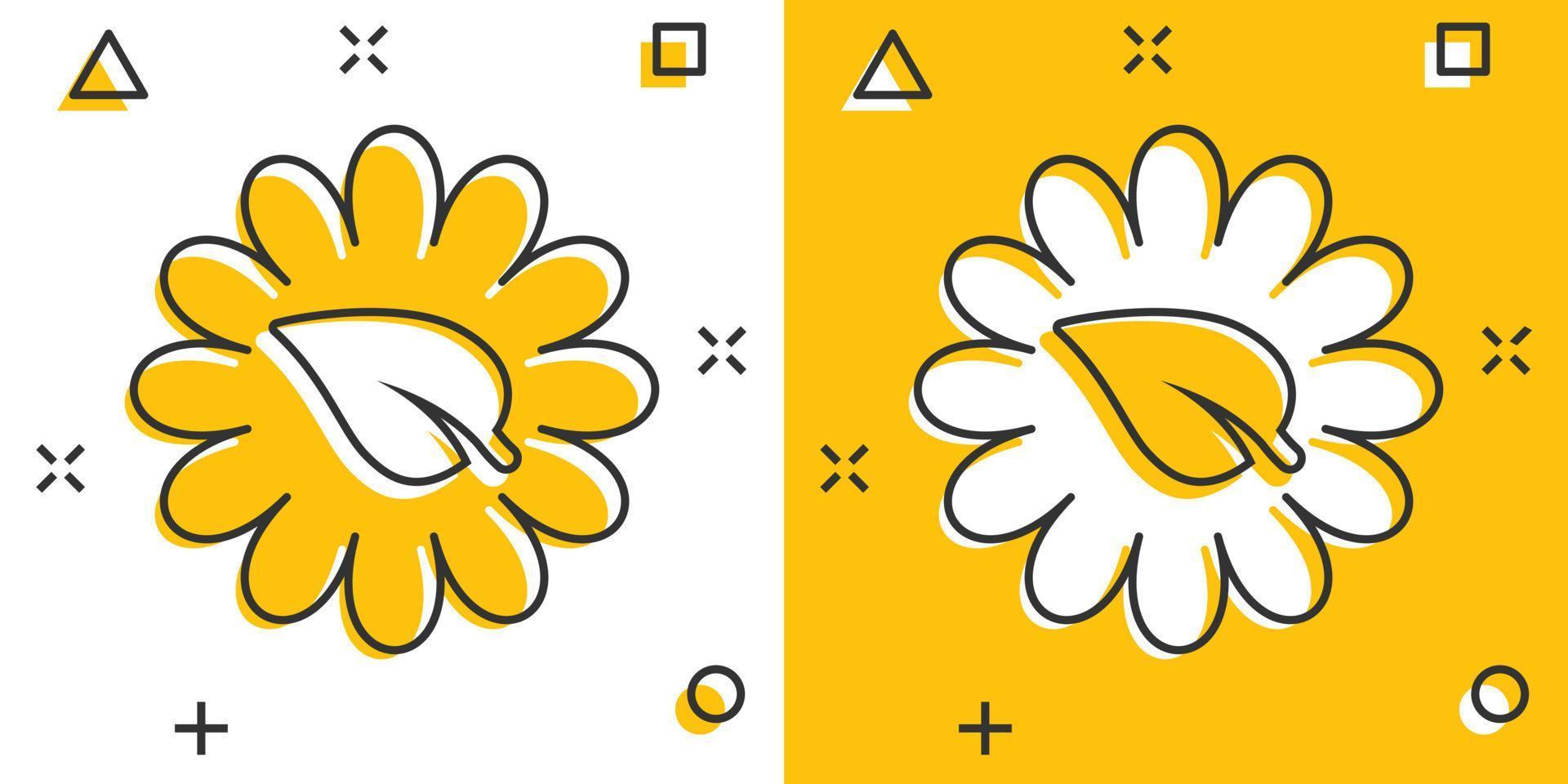 Leaf and chamomile icon in comic style. Flower with plant cartoon vector illustration on white isolated background. Eco power splash effect sign business concept.