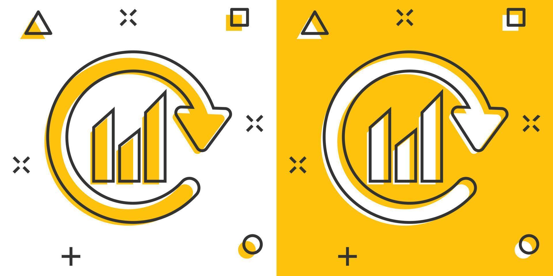 icono de flecha de gráfico en estilo cómico. ilustración de vector de dibujos animados de análisis financiero sobre fondo blanco aislado. pronosticar el concepto de negocio de signo de efecto de salpicadura.