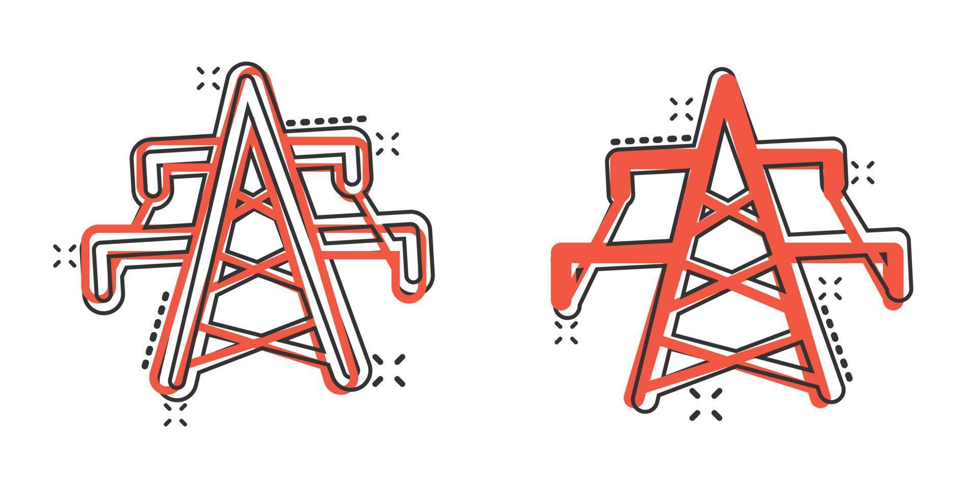 Electric tower icon in comic style. Power station cartoon vector illustration on white isolated background. High voltage splash effect sign business concept.