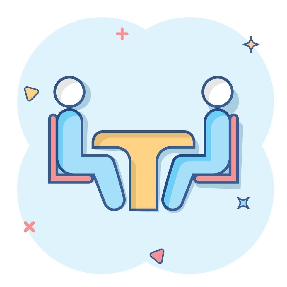 Business consulting icon in comic style. Two people with table vector cartoon illustration on white isolated background. Restaurant dialog business concept splash effect.
