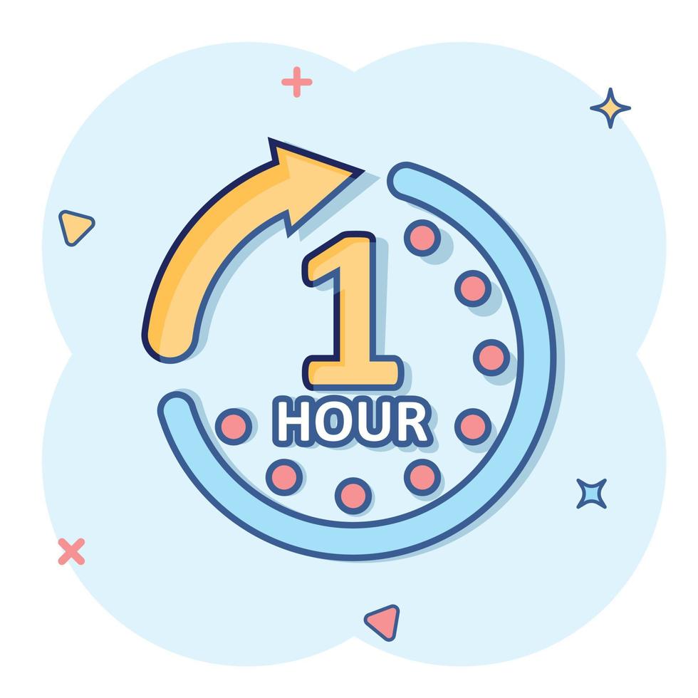 1 hour clock icon in comic style. Timer countdown cartoon vector illustration on isolated background. Time measure splash effect sign business concept.