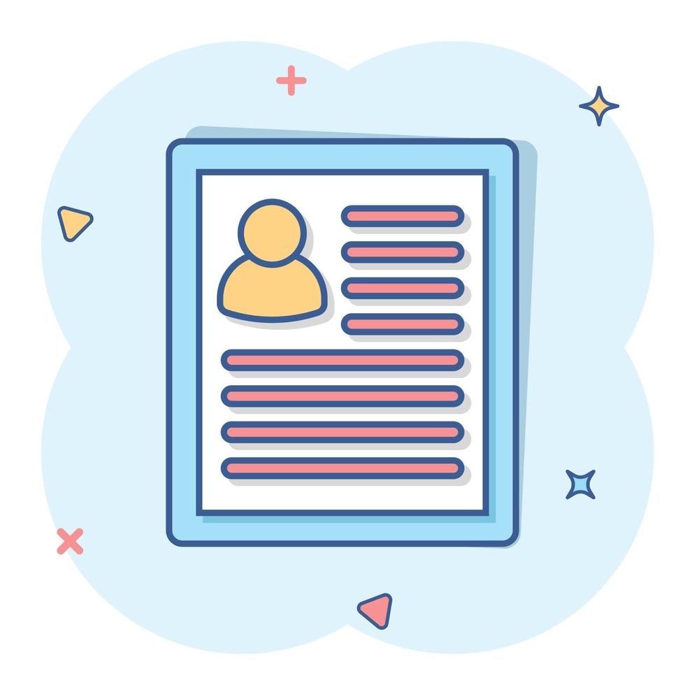 Resume icon in comic style. Contract document vector cartoon illustration pictogram. Resume business concept splash effect.