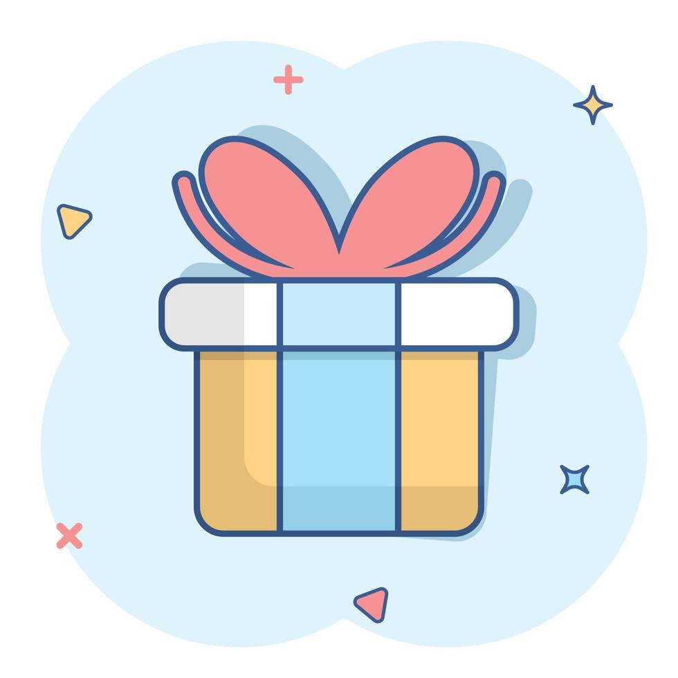 Gift box icon in comic style. Present package cartoon vector illustration on white isolated background. Surprise splash effect business concept.