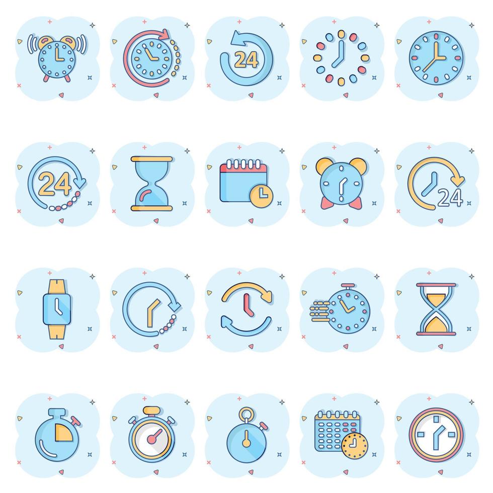 Time icon set in comic style. Agenda clock cartoon vector illustration on white isolated background. Sandglass, wristwatch timer splash effect business concept.