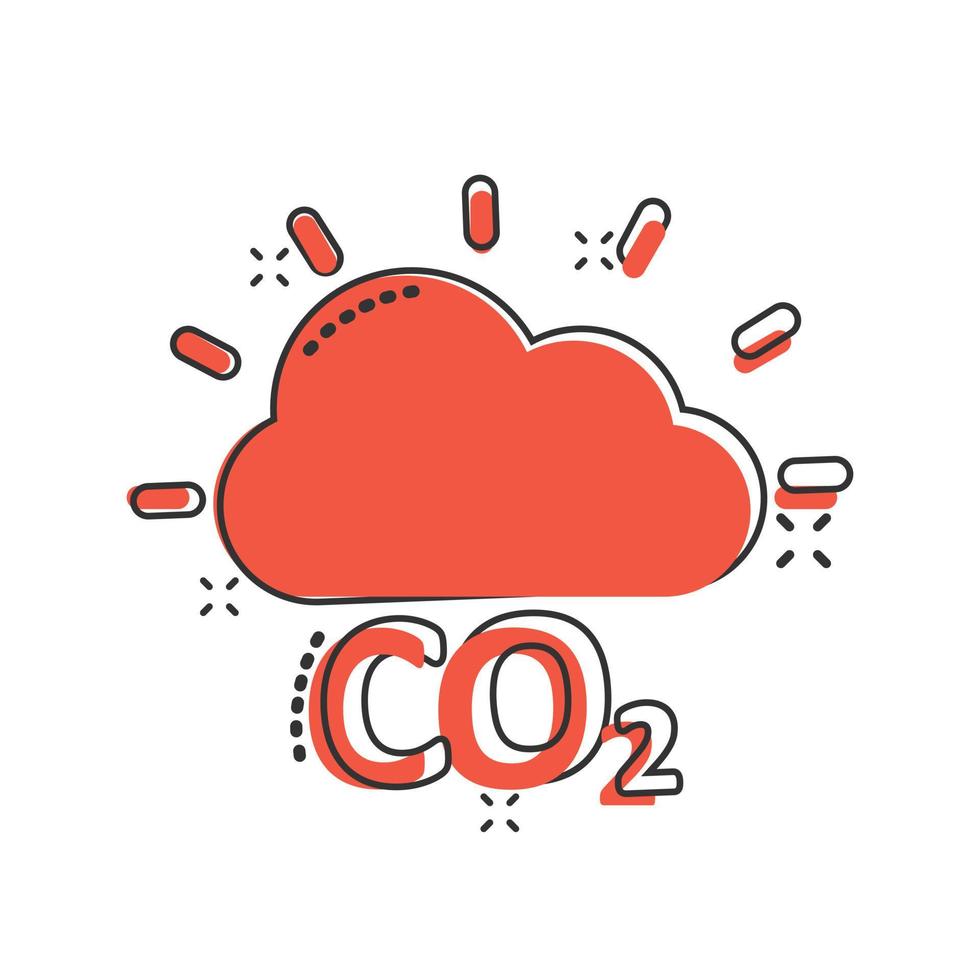 icono de emisión de co2 en estilo cómico. ilustración de vector de dibujos animados de desastre de nube sobre fondo blanco aislado. concepto de negocio de signo de efecto de salpicadura de medio ambiente.