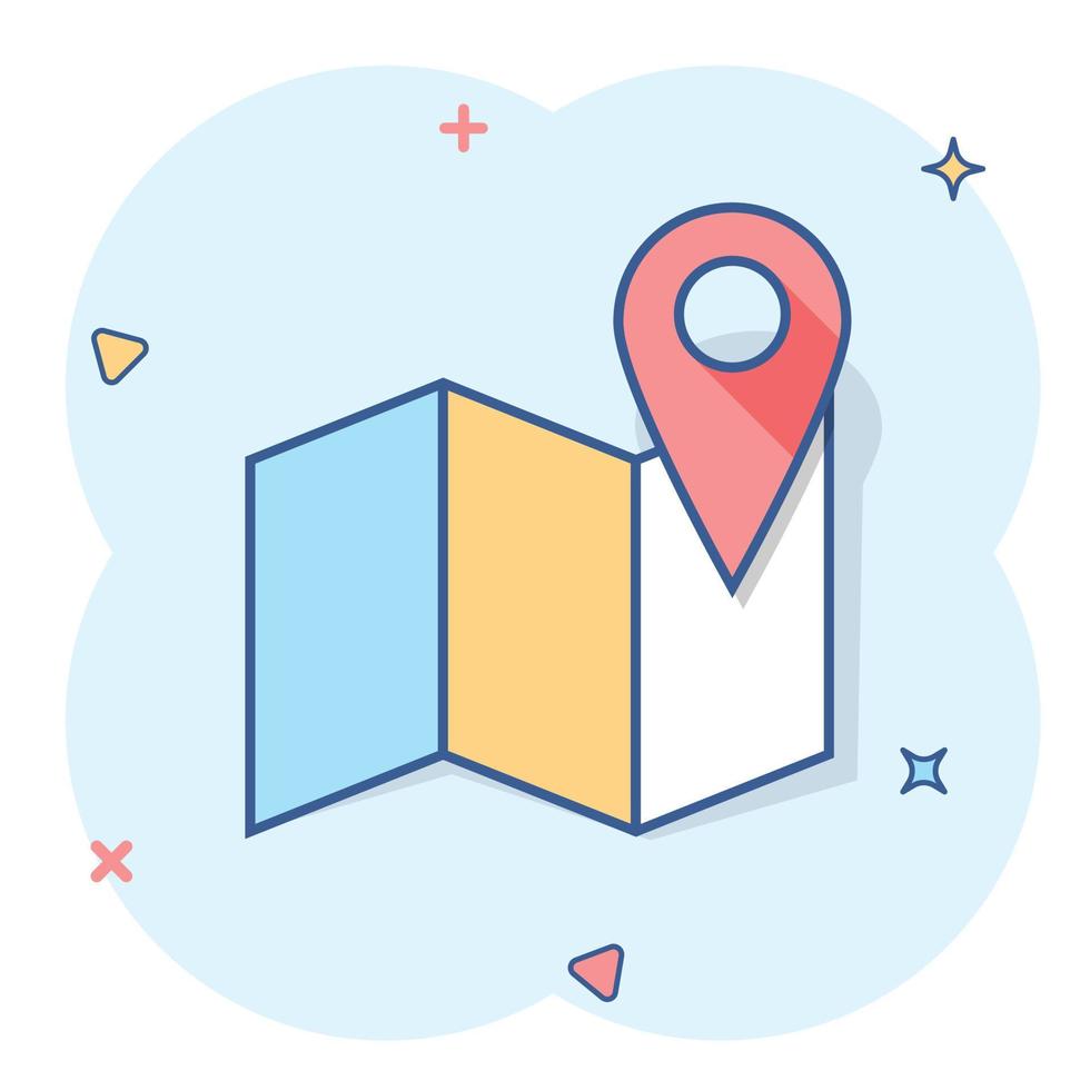 Cartoon map pin icon in comic style. Location gps illustration pictogram. Destination sign splash business concept. vector