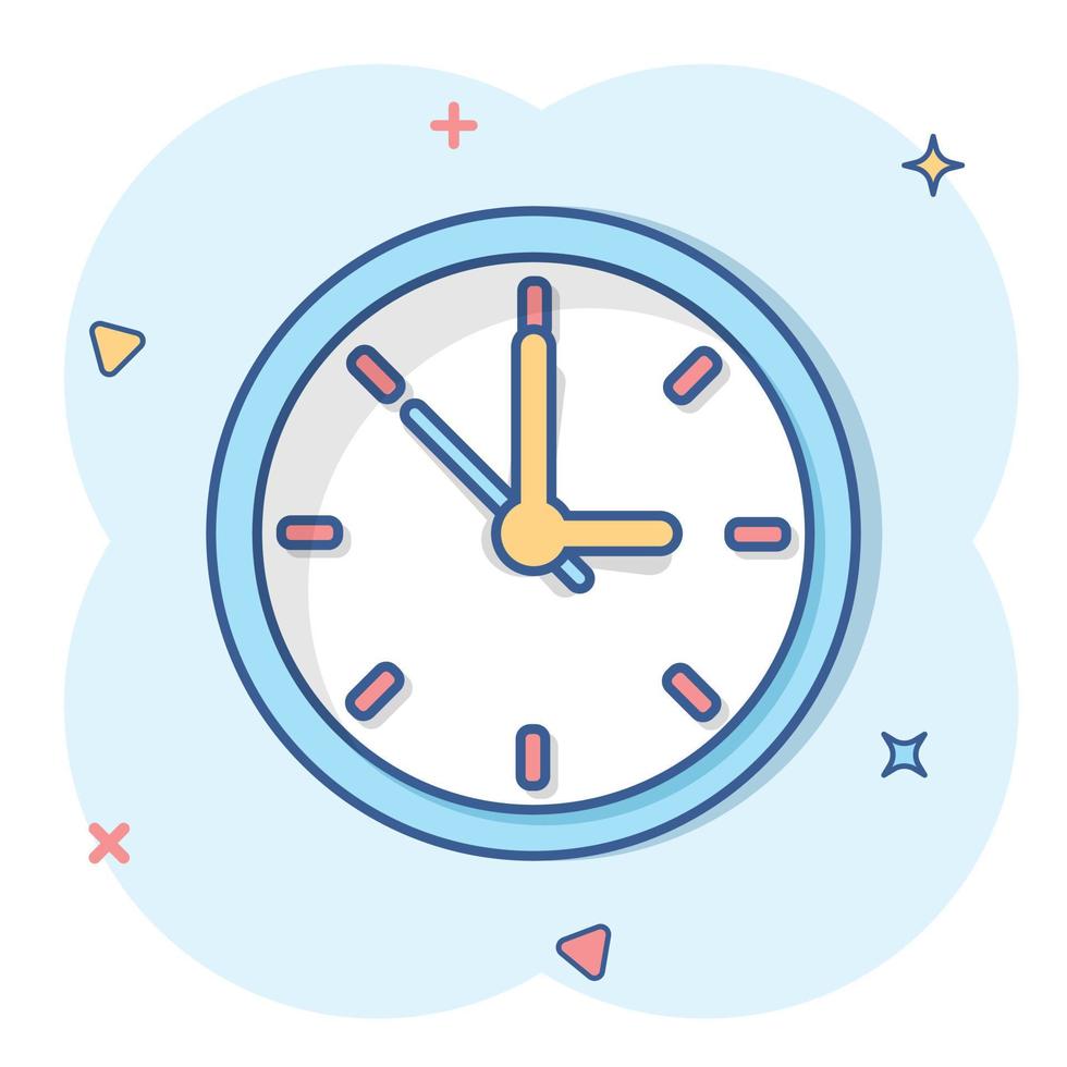 Clock sign icon in comic style. Time management vector cartoon illustration on white isolated background. Timer business concept splash effect.