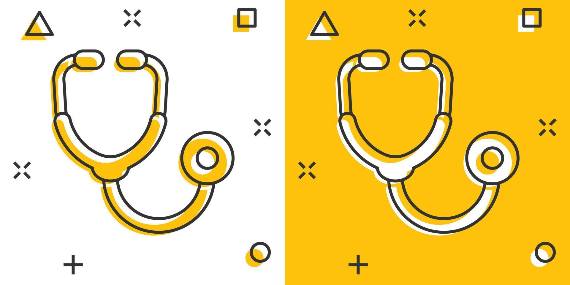 Stethoscope icon in comic style. Heart diagnostic cartoon vector illustration on isolated background. Medicine splash effect sign business concept.