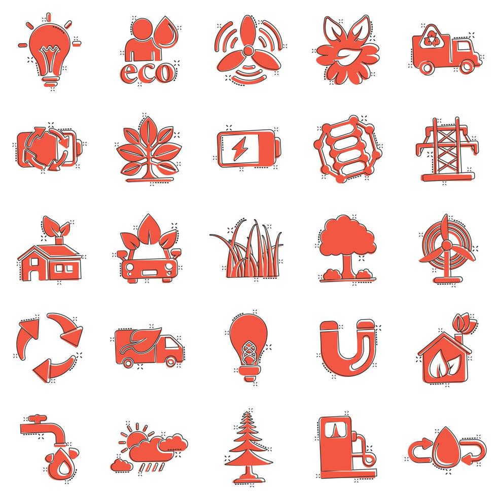 Eco environment icons set in comic style. Ecology cartoon vector illustration on white isolated background. Bio emblem splash effect sign business concept.