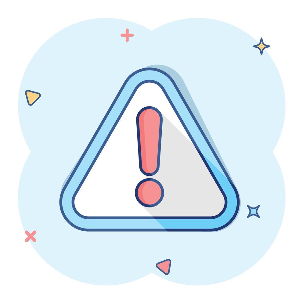 Exclamation mark icon in comic style. Danger alarm vector cartoon illustration pictogram. Caution risk business concept splash effect.