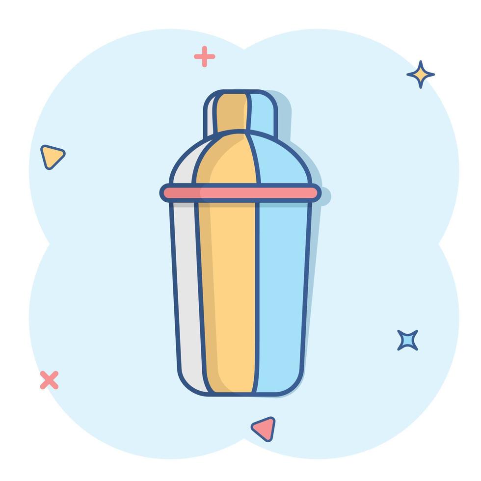Shaker icon in comic style. Sport bottle vector cartoon illustration on white isolated background. Fitness container business concept splash effect.