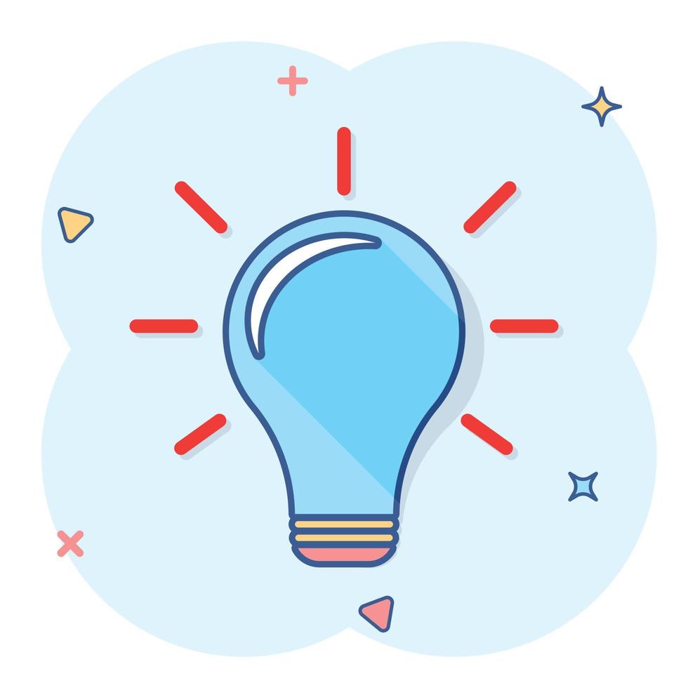 Cartoon light bulb icon in comic style. Idea illustration pictogram. Lamp sign splash business concept. vector
