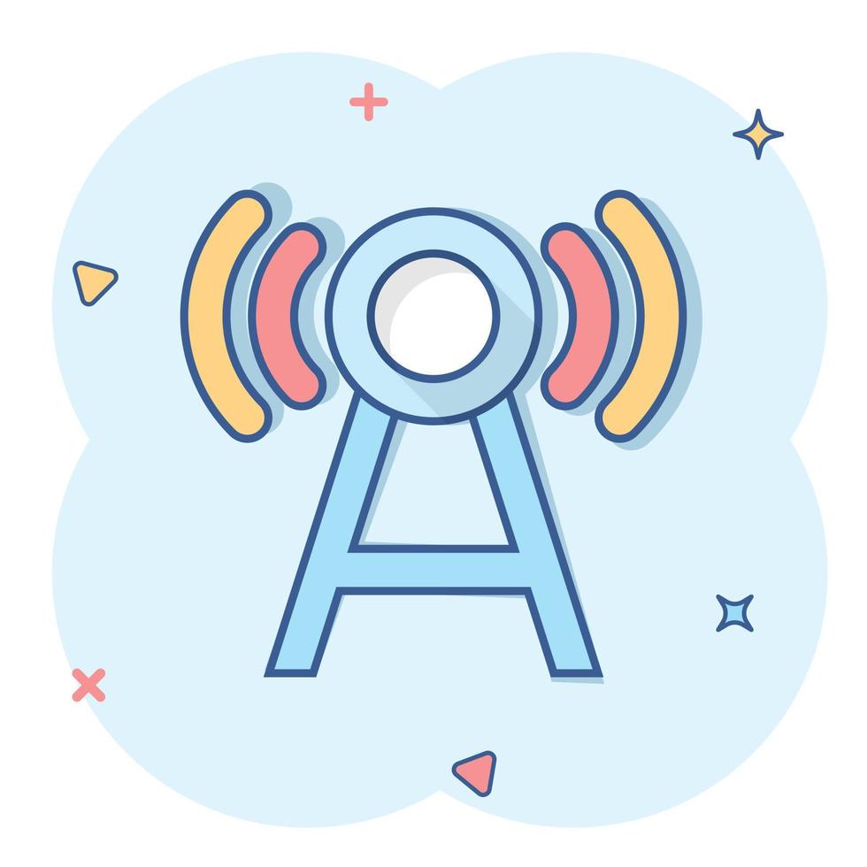 icono de torre de antena en estilo cómico. Ilustración de vector de dibujos animados de difusión sobre fondo blanco aislado. concepto de negocio de efecto de salpicadura wifi.