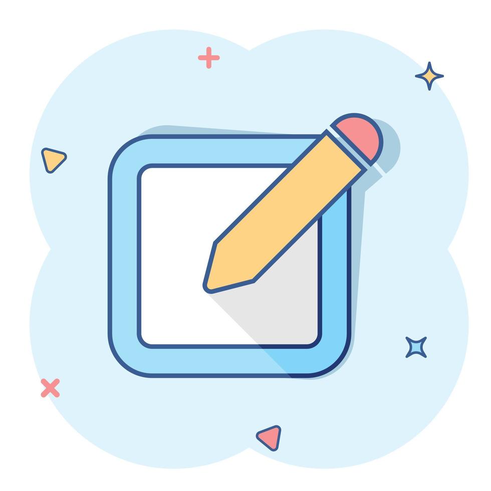 Vector cartoon notepad edit document with pencil icon in comic style. Notepad concept illustration pictogram. Document business splash effect concept.